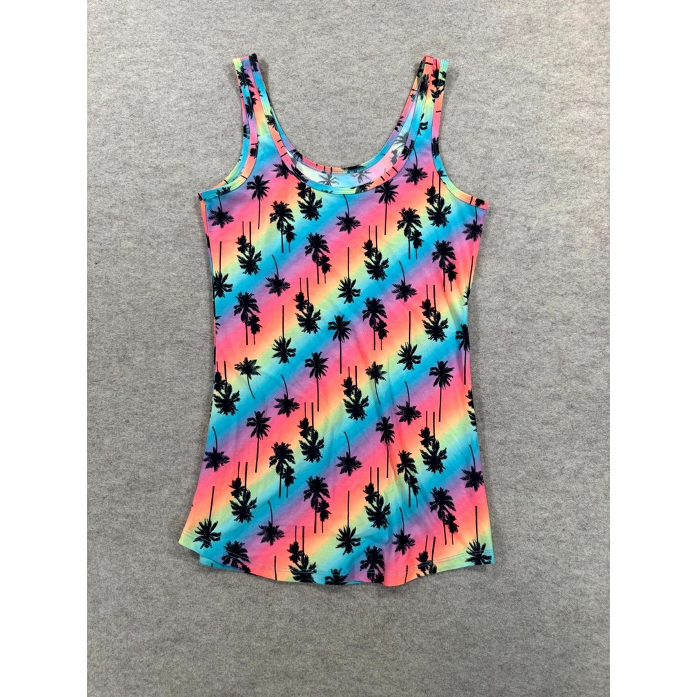 No Boundaries Tank Top Juniors Large 11-13 Neon Rainbow Tropical Palm Tree
